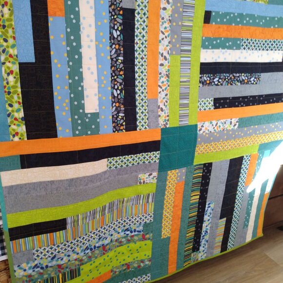 BN HANDMADE JELLY ROLL QUILT AQUA, GREY, BLACK, YELLOW, ORANGE, GREEN BLUE - Picture 5 of 6